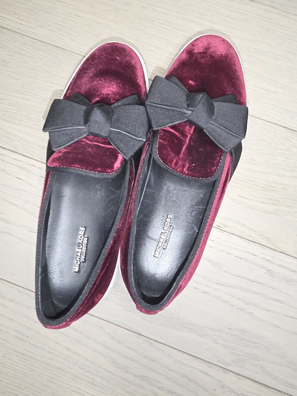 Michael Kors Burgundy Velvet Bow Flats with Black Grosgrain